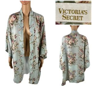 Victoria Secret Womens Medium Robe Kimono Floral Vintage Green Blue Polyester